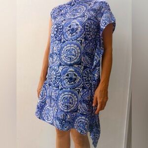 HOSS INTROQIA Silk Asymmetrical Mini Dress in Printed Blue Size 36 US 4